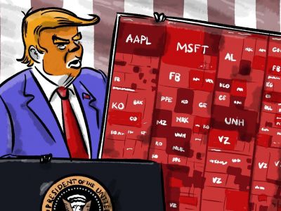 Карта тарифных войн: Трамп и обрушение американских акций. Карикатура: t.me/PetrenkoAndryi